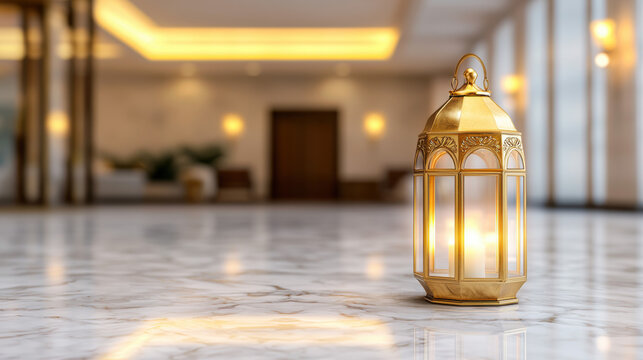 Christmas lantern glows warmly on marble floor in elegant interior creating festive and peaceful holiday atmosphere with soft lighting
