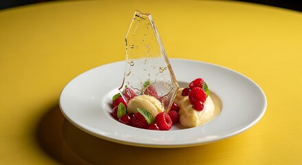 Gourmet dessert with vanilla ice cream, fresh raspberries, mint, and a delicate sugar shard on a white plate.