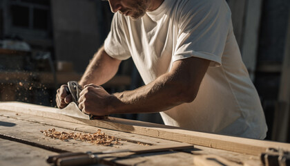 Carpenter smoothing timber with hand plane for custom furniture, woodworking craftsmanship and traditional carpentry in workshop, expertise and skill