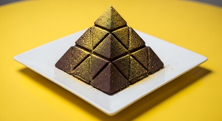 A gourmet chocolate pyramid dessert dusted with edible gold powder, served on a white plate against a yellow background.