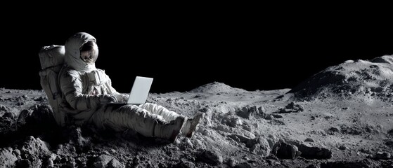 Lunar telecommuting: an astronaut's out-of-this-world workspace. Print ready. Crater-side workstation: astronaut's unique remote work setup on the moon. Modern style. Strong contrast.