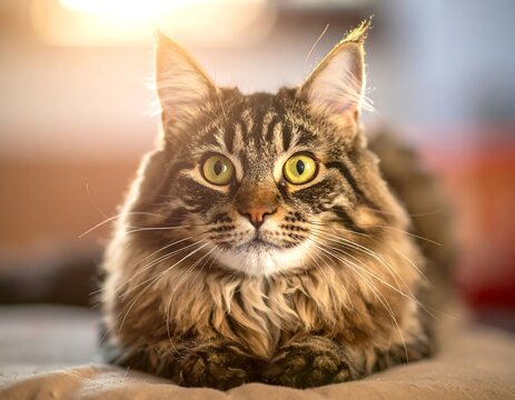 Close-up of a long-haired cat, focused and illuminated