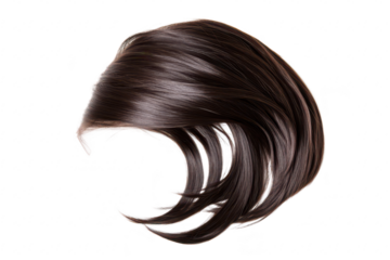 A sleek. dark brown hairpiece elegantly styled in a flowing manner. its smooth texture against a bright white background. ideal for fashion or beauty applications