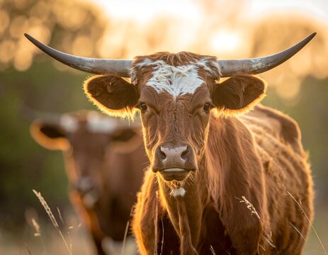 Close-up of a longhorn cow with impressive horns, backlit by sunlight
