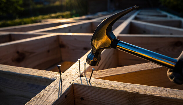 Building a home with hammer and nails on wood, framing construction for a new house, construction project with strong wooden beams, carpentry work