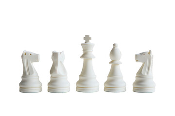 A minimalist arrangement of white chess pieces. including a king. queen. and knights. set against a clean. white background. symbolizing strategy and competition in a serene environment
