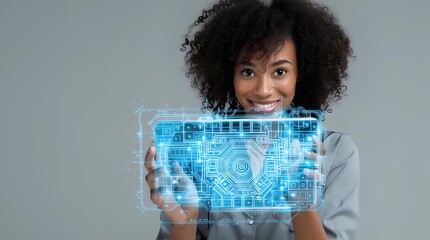 Smiling woman using futuristic technology interface with hologram with ai generated - Powered by Adobe