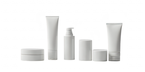 A minimalist arrangement of various white cosmetic containers including tubes. jars. and bottles on a clean. neutral background. suggesting skincare or beauty product display for marketing use