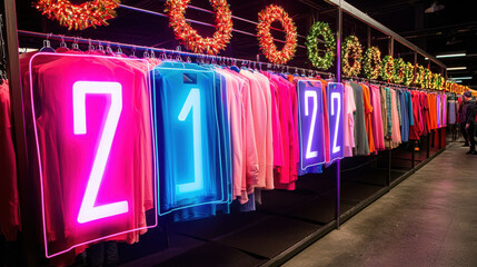Colorful christmas clothing display with neon numbers and festive wreaths creates joyful holiday shopping atmosphere in modern store