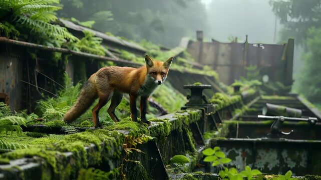 Destroyed ruins abandoned buildings apocalypse scene of city. A vivid portrayal of a red fox standing on mosscovered stone steps amidst a verdant forest setting. The foxs fur is a rich reddishbrown.