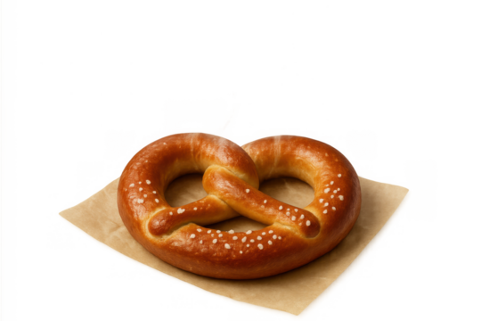 Pretzel with coarse salt on brown paper, german baked snack food or pastry, transparent background