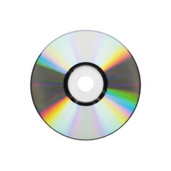 A single compact disc reflecting rainbow colors isolated on white background