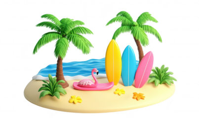 A beach scene featuring colorful palm trees. a pink flamingo float. and surfboards on a sandy shore. capturing a sunny day perfect for summer fun and relaxation by the ocean