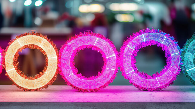 Colorful christmas wreaths glowing with vibrant neon lights create festive and joyful holiday atmosphere indoors at night