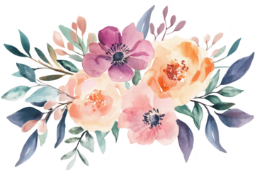 A watercolor floral arrangement featuring pink and peach blossoms surrounded by lush green leaves. ideal for greeting cards. invitations. and decorative prints