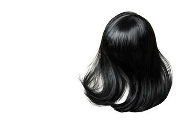 A sleek. shiny black wig with long. flowing strands positioned artistically against a clean. white background. ideal for fashion shoots. hairstyling tutorials. or beauty product promotions