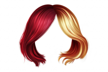 A illustration of a two-tone hairstyle featuring rich red and golden blonde colors. flowing strands designed for use in fashion. beauty. or hair styling contexts