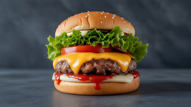 Cheeseburger with lettuce, tomato, cheese, and sauce on a sesame seed bun