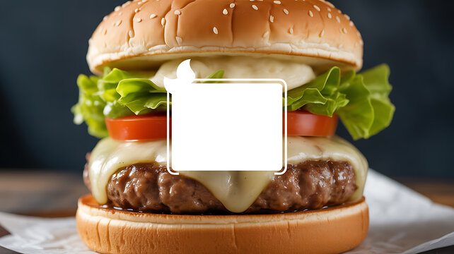 Close-up of a juicy cheeseburger with lettuce, tomato, and melted cheese on a sesame seed bun