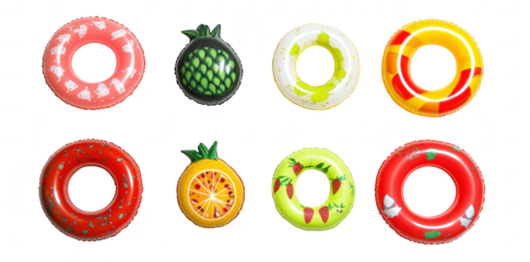 A collection of colorful inflatable pool rings shaped like fruits. including strawberries. pineapples. and oranges. arranged neatly on a white background for summer fun