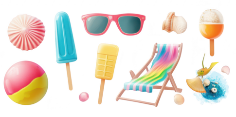 A summer-themed illustration featuring colorful ice creams. a beach ball. sunglasses. and a deck chair. evoking a fun. sunny day at the beach with playful elements