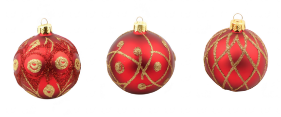 Three beautifully designed red Christmas ornaments featuring intricate gold patterns. displayed against a clean white background. perfect for holiday decoration inspiration