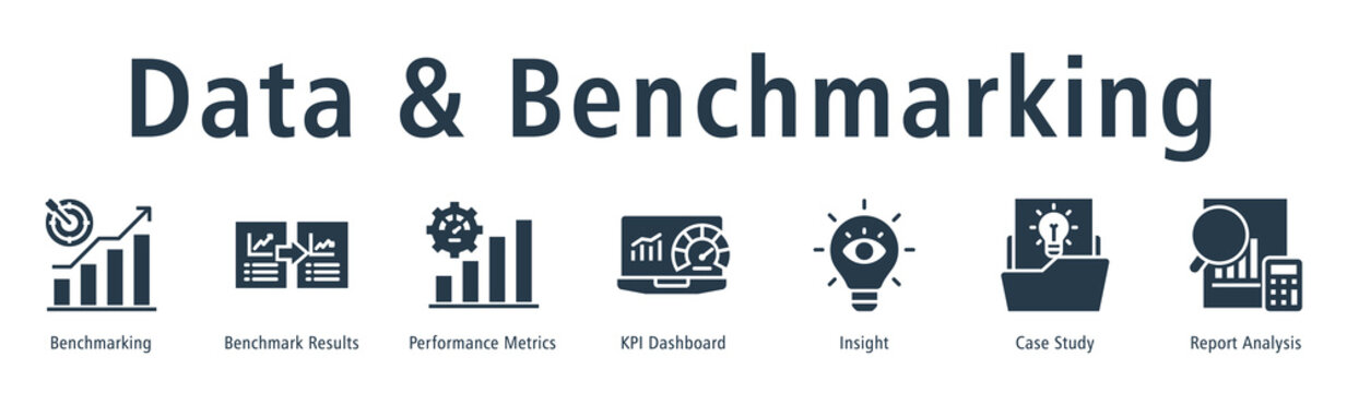 Data and benchmarking web banner icon vector illustration concept with icon of benchmarking, benchmark results, performance metrics, KPI dashboard, insight, case study, and report analysis.