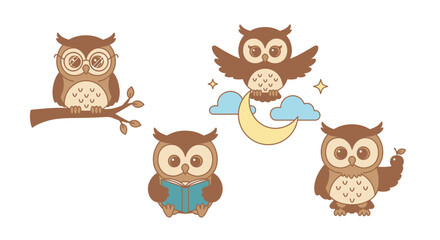A collection of cartoon owls in various poses, with different accessories and settings.