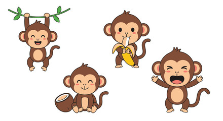 Four cartoon monkeys in various playful poses, enjoying food and swinging.