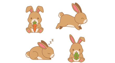 Four cartoon rabbits in different poses: eating carrot, hopping, sleeping, and holding leaf.