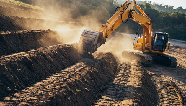 Powerful excavator working on a construction site, leveling dirt and creating terraces with precision, a testament to engineering and building progress - Powered by Adobe