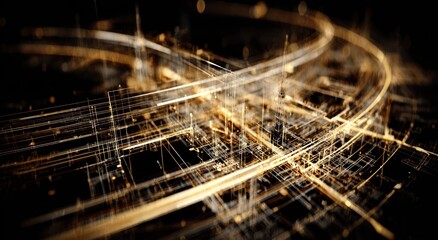 Abstract digital artwork, glowing golden lines and orbs against a dark background