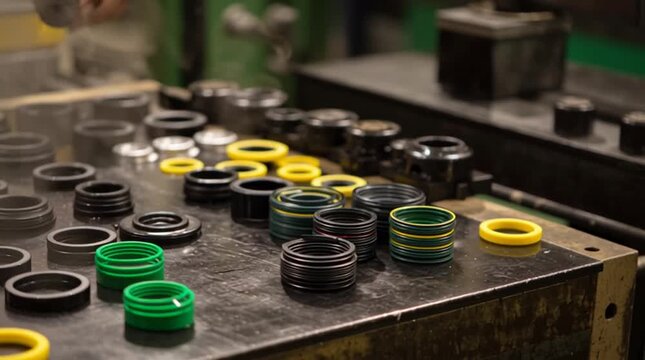 Futuristic geometric minimalism - Colorful Industrial O-Rings and Seals on Workbench - High-Quality Video Footage - abstract composition