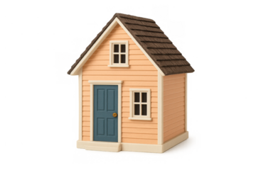 Pink toy house model representing home ownership, real estate, and property with a blue door on transparent background