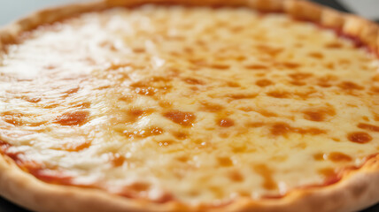 Close-up of a freshly baked cheese pizza with golden-brown melted cheese and crispy crust