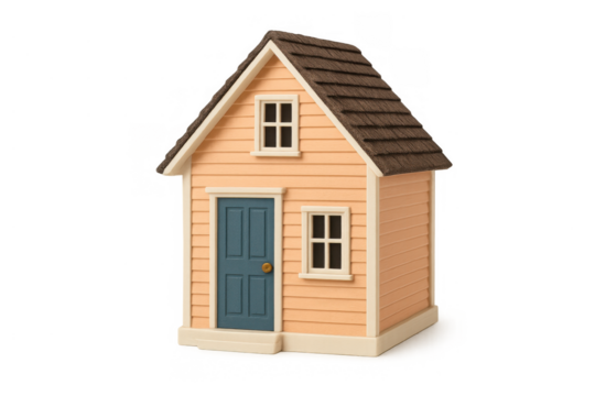 Pink toy house model representing home ownership, real estate, and property with a blue door on transparent background