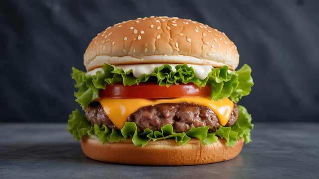 A close-up of a cheeseburger with lettuce, tomato, and sesame seed bun on a dark background - Powered by Adobe