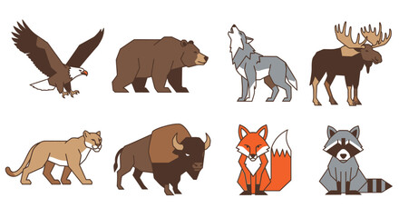 A collection of stylized illustrations depicting various North American wildlife animals.