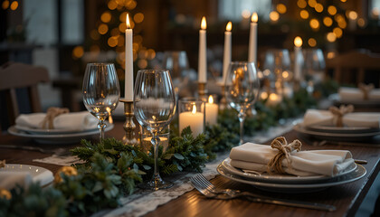 Elegantly set holiday dinner table with candles and wine glasses creating a warm festive atmosphere