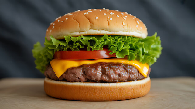 A close-up of a cheeseburger with lettuce, tomato, and melted cheese on a sesame seed bun