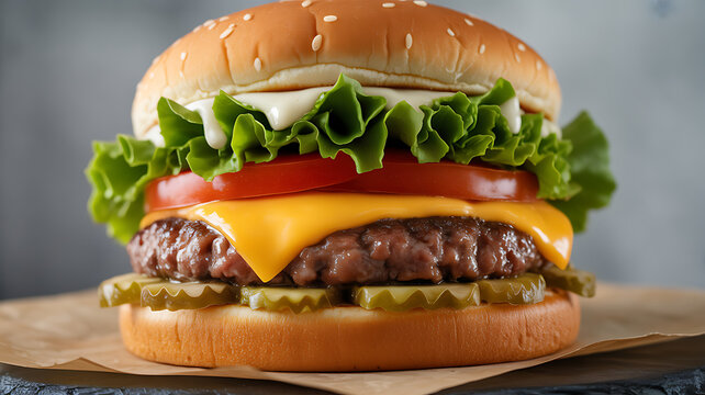 A close-up of a classic cheeseburger with lettuce, tomato, pickles, and melted cheese on a sesame seed bun