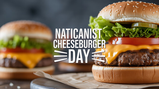 Close-up of two cheeseburgers with sesame seed buns, lettuce, tomato, pickles, and melted cheese, celebrating National Cheeseburger Day