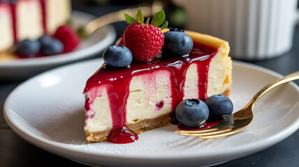 A slice of cheesecake topped with fresh berries and berry sauce, served on a white plate with a golden fork.
