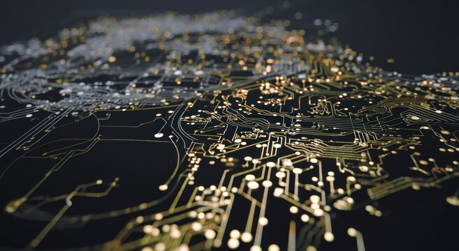 Abstract circuit board with glowing lines and points, suggestive of data flow
