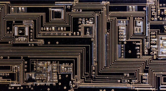 Close-up of a dark circuit board showing intricate gold pathways and electronic components