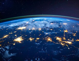 A breathtaking 8K HDR aerial view of Earth at night, showcasing the vibrant glow of global trade routes and illuminated cities from space