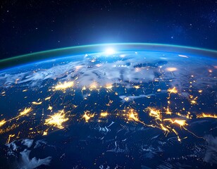 Ultra-realistic 8K HDR aerial view of Earth at night showcasing global connectivity