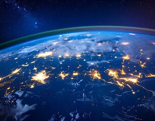 Aerial view of Earth at night, showcasing vibrant city lights and the thin blue line of the atmosphere against the vastness of space