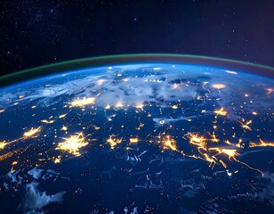 Mesmerizing ultra-realistic view of Earth at night from space, showcasing glowing city lights that form a tapestry of global civilization and human energy