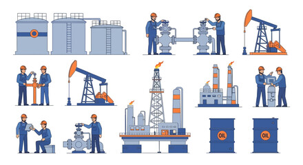 Fototapeta premium A set of vector illustrations depicting oil industry elements, including storage tanks, pump jacks, oil rigs, refineries, barrels, and workers in hard hats.